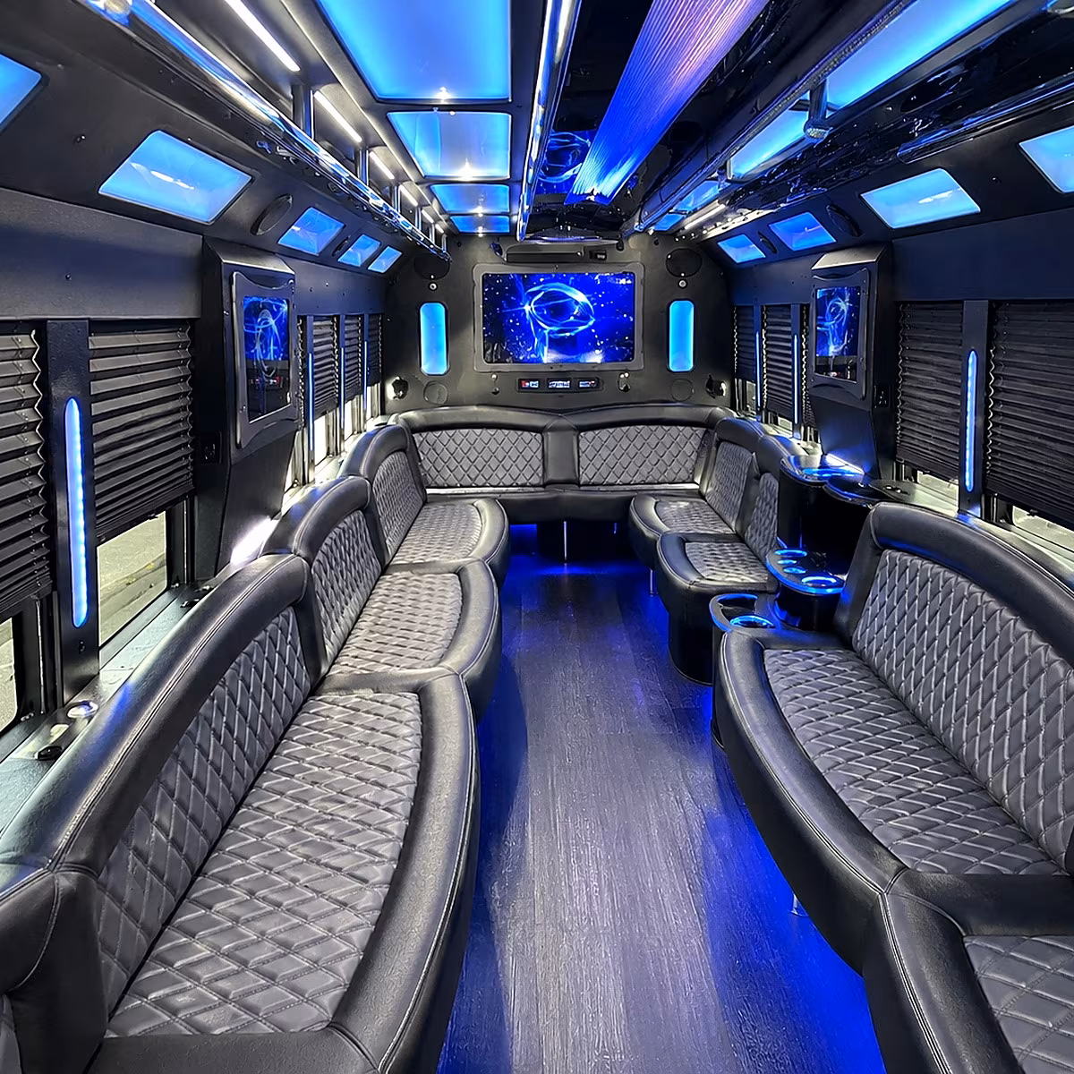 Passenger seating aboard a party bus rental serving Bellevue